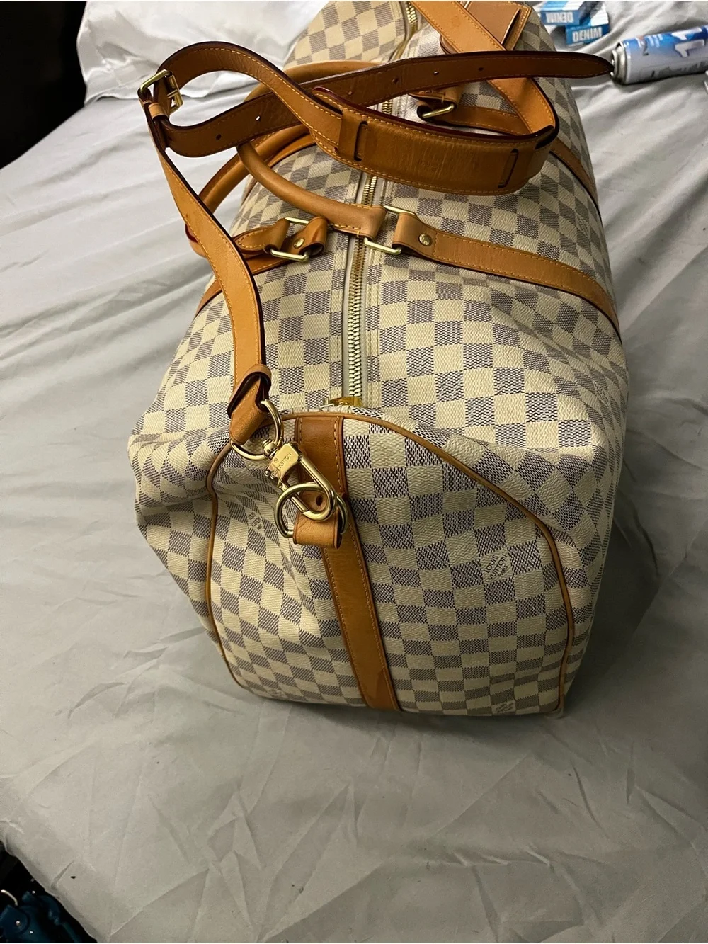 Louis Vuitton Damier Azur Canvas Duffel in Cream and Tan Leather